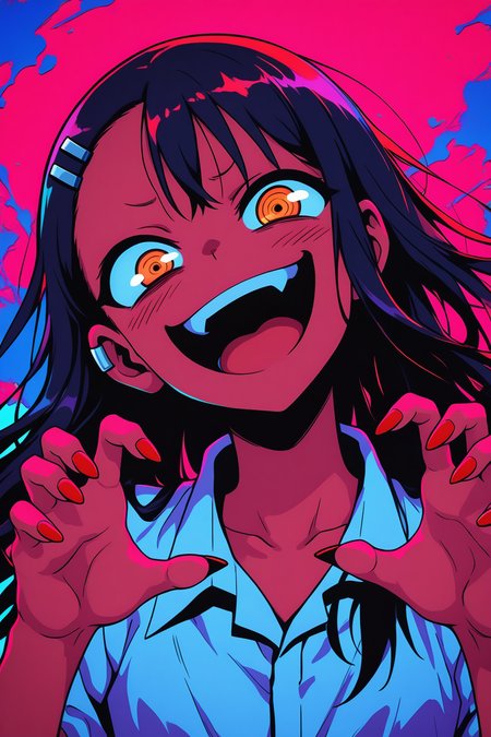 masterpiece, best quality, amazing quality, very aesthetic, absurdres, newest,  portrait, colorful, high contrast, glowing, vibrant colors, red, pink, blue, color splash, neon, backlight, looking at viewer, claw pose, uneven eyes, red nails, upper teeth, long pointed nails, smug, crazy laugh, fang, wind effect, floating hair, head tilt, <lora:g0thicILL:0.7> g0thic, neon, <lora:NagatoroIXL_v2:0.5> zzNagatoro,  white shirt, hairclip, earclip, <lora:NLSTN-IL:0.8> nlstn