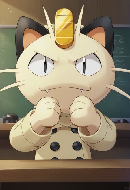 score_9, score_8_up, score_7_up, source_anime, solo, 1boy, sexy boy, zzMeowth, meowth (pokemon), fedora, pokemon (creature), femboy, serious expression, black eyes, fang, straight teeth, portrait, close up, looking at viewer, looking at viewer, sitting in office, sitting behind desk, hands on desk, crossed hands, serious setting, legs apart, Jedotc, Oversized Trench Coat, trenchcoat, closed trenchcoat, cropped torso, buttons, coat, jacket, shirt
