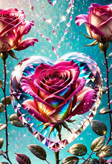 Studio quality, highly detailed, high resolution, smooth crystal heart, glass rose, pink and champagne, shimmering, sparkling, magical glow