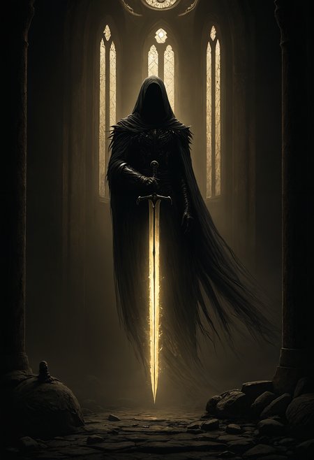 art by Ben Templesmith and hr giger, Fantasy painting of a spectral figure with a long, tattered robe, floating through the air. The ghost is illuminated with a faint beige glow, casting an eerie, ethereal light. Its robe is shredded and flowing, giving a ghostly appearance, and it holds a broken longsword, the blade fractured and jagged. The ghostâs face is shadowy and indistinct, enhancing the haunting effect. The background features a dark, gothic cathedral with towering arches and stained glass windows, shrouded in shadows. The scene is rendered in cel shading, with a dark fantasy aesthetic. The overall mood is ominous and mysterious, highlighting the ancient and worn aspects of the ghost and its surroundings. <lora:- Flux1 - vanta_black_V1.0.safetensors:0.5>,  <lora:aidmaImageUpgrader-FLUX-V0.1.safetensors:1.0>, detailmaximizer <lora:Dever_Flux_Enhancer.safetensors:0.5>, dev <lora:FluxFantasyKnightsV1.safetensors:1.0>, hkstyle