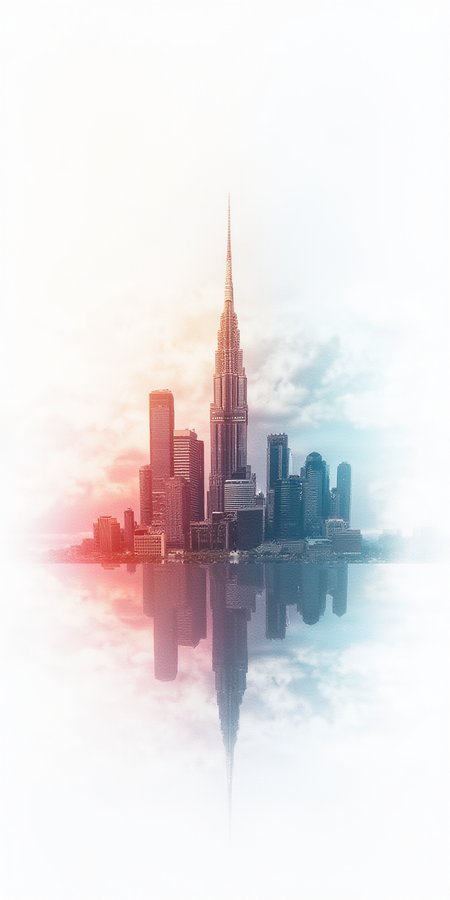 In the center of a plain, white background, a vibrant wallpaper art masterpiece showcases the stunning scene of The City of Awe. Dense, with its iconic skyline, is depicted in the style of this unique and captivating composition. 