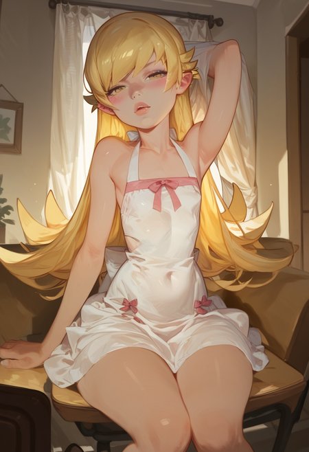 score_9, score_8_up, score_7_up, score_6_up, aesthetic , 1girl, Oshino_Shinobu, yellow_eyes, blonde_hair, long_hair, flat_chest, pointy_ears, blush_stickers, white_dress, indoors, huge ass, thick thighs , wide hips , (big lips:0.7)
<lora:Expressive_H:1>, <lora:incase-ilff-v3-4:0.3>, <lora:saigalisk_pd:0.8> <lora:add-detail-xl:0.3>  <lora:Shinobu_Pony:1>