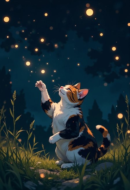 An illustrated closeup scene of a calico cat playing with fireflies at night. The cat is curious and playful. It is swatting at fireflies sparkling just above its head.  It is outdoors at night and the scene is dark. The cat is illuminated by the glow of the fireflies. Highest quality, best quality, masterpiece.