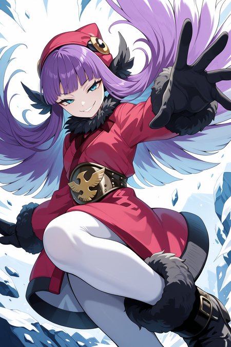 1girl,
MuushuWuuShinMegamiTensei,
safe, solo, dynamic angle, upper body,
long hair, hair wings, purple hair, multicolored hair,
white hair,
hat, fur trim, earmuffs, blunt bangs,
long sleeves, mittens, black gloves, coat,
white pantyhose, black footwear,
attack, blizzard, flapping, reaching, evil smile,
blue theme, 
<lora:kp_MuushuWuuShinMegamiTenseiIllustrious_v1_0:1.0>,
masterpiece, best quality, amazing quality