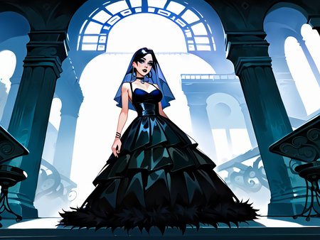 (score_9,score_8_up,score_7_up:1), 1girl, full body,   wide angle, day lighting, Sadistic, (goth, black lipstick, black mascara, black eyeshadow), large breasts, (toned), purple hair,choker, eyeshadow, (pale soft skin), (Sprinting), dull restaurant, (black tulle dress, ballgown, gown, Veil, fluffy dress), <lora:chiellehart_0.0.0:1> ciellehart