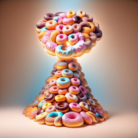 d0nu71f13d, made of doughnuts, A surreal landscape where everything resembles donuts; rolling hills shaped like glazed donuts with sprinkles; rivers of flowing chocolate glaze; vibrant skies with clouds resembling powdered sugar; donut-shaped trees with jelly-filled centers; a colorful, whimsical atmosphere; candy-colored bridges made of icing; donut-shaped cities with sparkling sugar buildings; soft pastel tones; a cheerful and fantastical mood; high detail, hyper-realistic textures on donuts; intricate patterns on sprinkles; warm lighting that creates a cozy, edible world; imaginative and playful vibe, masterpiece art