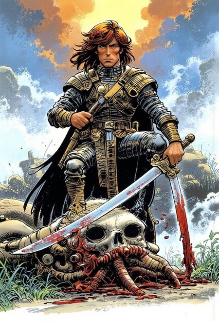 Niji Stan Katayama style Illustration by Jean-Claude Mezieres of a fierce male medieval warrior wearing chainmail armor, rambo, Stallone as Rambo, he has frizzy auburn hair, he is standing beside the severed head of a giant troll laying on the ground, he rests one foot on top of the trolls head in victory, beside his there is a bloody sword sticking into the ground, he has one hand on top of the swords pommel.