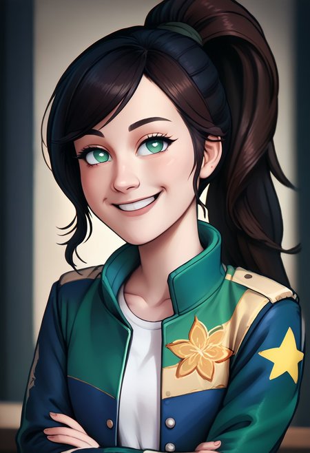 score_9, score_8_up, score_7_up, score_6_up, PRSNL_3_1,  uncensored, pupils black dots, realistic,
warm light, upper body,
hammiekyuranger,
solo, 1girl, jacket, black hair, pantyhose, smile, brown hair, long hair, ponytail, green eyes, floral print, star (symbol) skirt,