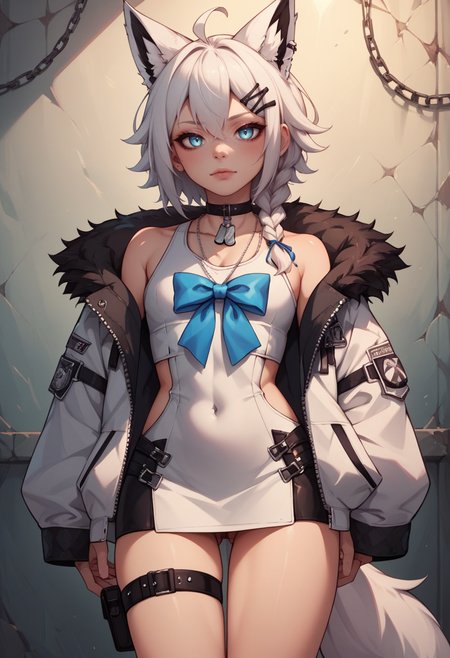 score_9, score_8_up, score_7_up, score_6_up, score_5_up, score_4_up, rating_explicit,  BREAK,  <lora:fubukiXL-10:0.75> fubukitechwear, white jacket, fur-trimmed jacket, hairclip, dog tags, choker, white microdress, black microdress, thigh strap, blue ribbon, white hair, single side braid, ahoge, piercing, fox tail, pentagram arching her back
