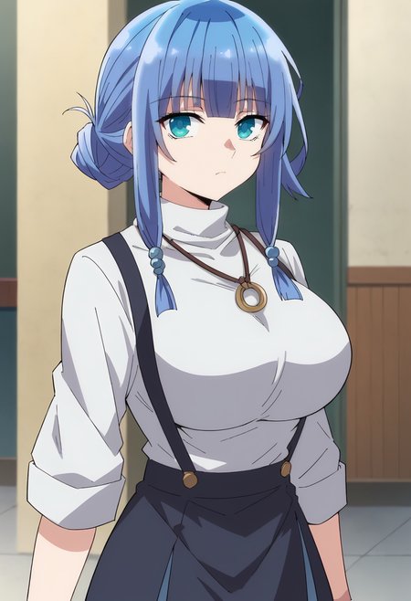 Charlotte Reis, 1girl, solo, blue hair, blue eyes,turtleneck, suspenders, sidelocks, white shirt, hair ornament, blunt bangs, skirt, hair bun, necklace, large breasts,  looking at viewer
 <lora:Charlotte Reis:0.9>, score_9, score_7_up,anime coloring ,source_anime, anime