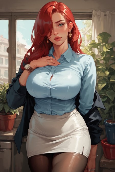 1girl, breasts, jewelry, pantyhose, solo, earrings, skirt, red hair, mature female, large breasts, office lady, blush, ring, indoors, watch, jacket, long hair, wristwatch, pencil skirt, black pantyhose, looking at viewer, hand on own chest, white skirt, formal, standing, hair over one eye, suit, blurry background, long sleeves, wedding ring, miniskirt, potted plant,, zPDXL3, detailxl,  Score_PnyReal, (lineless:1.5)