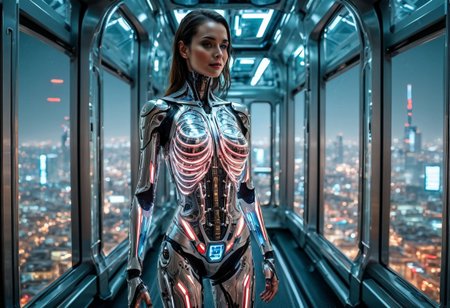 FULL BODY SHOT, extremely detailed, (DYNAMIC POSES:1.5) FO A BEAUTIFUL FEMALE ANDROID (SEDUCTIVE SMILING:1.3), looking at the camera, IN A HIGH TECH FUTURISTIC LIFT OVERLOOKING THE CITY, LEDS,BIOMECHANICAL BODY PARTS, (glass TRANSPARENT ULTRA DETAILED BODY:1.5) SHOWING CIRCUITRY INSIDE THE BODY, Detailed hand, , Perfect hand,ANDROID