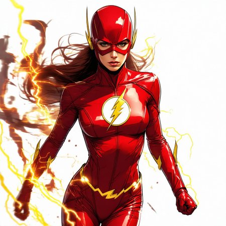 a dynamic illustration of a female Flash, the iconic DC superheroine, known for her incredible speed. She should be depicted in her signature red suit with gold accents. The suit is sleek and form-fitting, designed for aerodynamic efficiency. The emblem on her chest features a stylized gold lightning bolt against a white circle background. Her mask covers her head, leaving only the lower part of her face visible, and has small lightning bolt designs on either side. Her boots and gloves are also red with gold details. Her suit should prominently display the lightning symbol on her chest. Her eyes should convey determination and focus as she moves at superhuman speed, leaving a trail of lightning and motion blur behind her. The background should emphasize the sense of motion and speed, with blurred cityscapes or other dynamic elements.