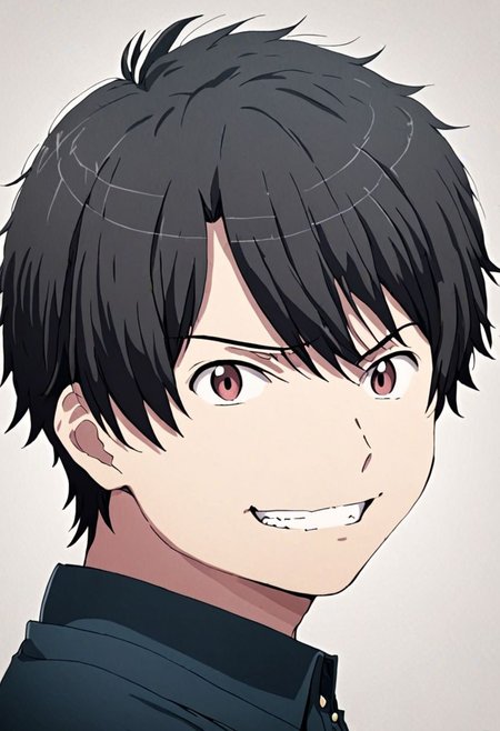 high resolution, solo, best quality, 1Boy, Inaho Kaizuka, Black Hair, portrait, looking at viewer, angry, smile, plain background, OverallDetail