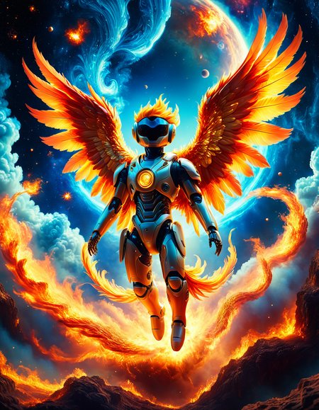 robotic boy with phoenix reborn in a blaze of wings in space, sunny day, powerful surreal stop motion animation cinematic, attention to detail, 8k, splash style of paint, Insane quality, Insane resolution, Masterpiece,
