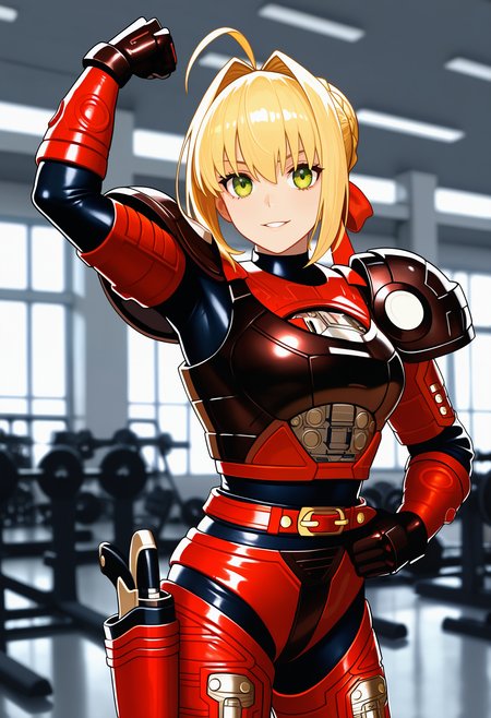 1girl, solo, R3ddle, armor, bodysuit, shoulder pad, gloves, belt, holster, shiny clothes, (nero claudius (fate):0.9), blonde hair, green eyes, flexing, looking at veiwer, smile, parted lips, cowboy shot,
indoors, gym,
best quality, very aesthetic, masterpiece,