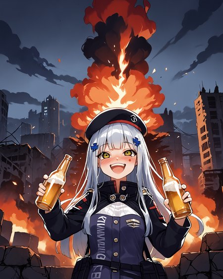 rating_safe, <lora:hk416.pony:1> hk416, def, beret, solo, holding beer bottle, drunk, laughing, heavy blush, <lora:ahebomb_pony:0.7>  explosions, smoke, burning city ruins background, explosions and flames everywhere in background, explosions, more explosions, more fire, through  the fire and flames by dragonforce, fire and explosions covering whole background,
