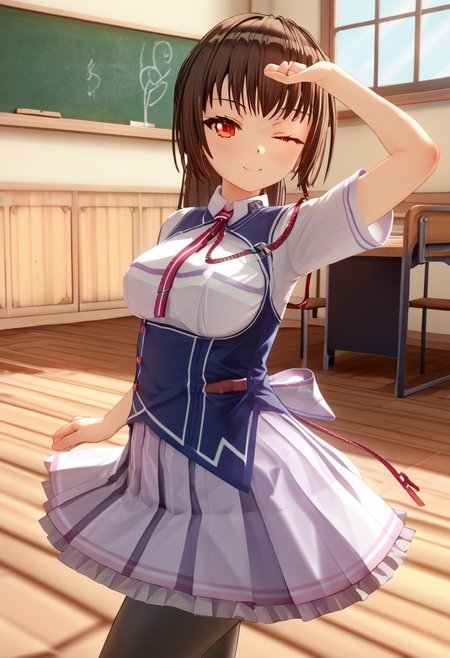 score_9, score_8_up, score_7_up, BREAK source_anime, (masterpiece), (best quality), 1girl, chihara_yukine, light purple colored skirts, red colored eyes, brown colored hair, (ultra detailed), red colored schoolgirl uniform, colorful light, shine, sun light, lens flare, red colored eye, wink, jumping, raising one arm up, inside the classroom, black pantyhose, <lora:chihara_yukine-20:0.9>