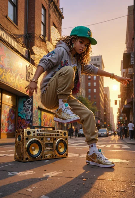 hip-hop honeybee crew, gold chains, fresh sneakers, breakdancing:1.4, graffiti-covered urban landscape, boombox, vibrant street culture, sunset in the city, intricate details, like-like, dramatic lighting, cinemascope, autumnal-sepia-tinted1:4, <lora:detailed_notrigger:0.777> <lora:DetailedEyes_V3:0.777> <lora:helios2:0.3> <lora:ral-colorswirl:0.3> ral-colorswirl <lora:FILM_PHOTOGRAPHY_STYLE:0.5> film photography style, light grain