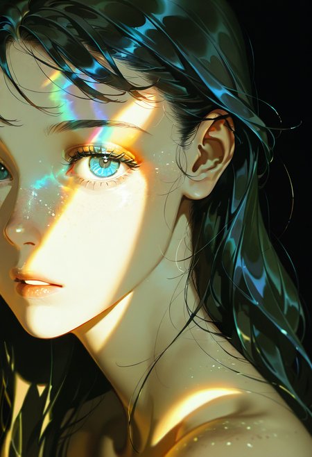 prism light, solo, 1girl, looking at viewer,black background, shadows,eyelashes, long hair,freckles,portrait,black hair,