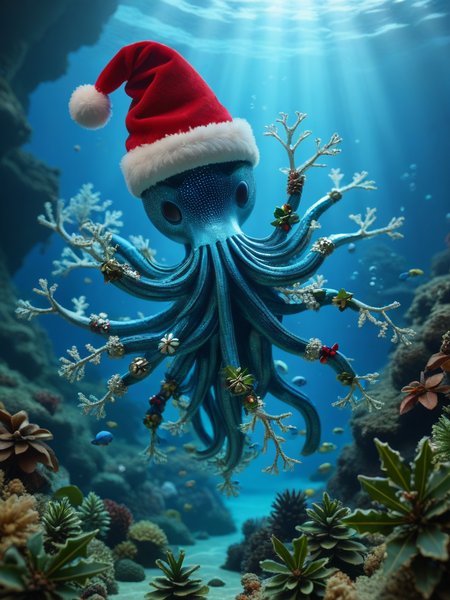 Animal Christmas, A whirling mandelbrot fractal multicoloured underwater whirlpool swirls its way to a blazing electric blue mystical lightsource
 <lora:Animal_Christmas:1>