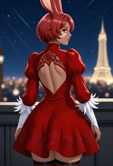 no2 type b dress, 1girl, animal ears, rabbit ears, viera, dress, solo, cosplay, feather-trimmed sleeves, short hair, blurry background, puffy sleeves, red hair, back cutout, from behind, blurry, facial mark, clothing cutout, long sleeves, looking back, looking at viewer, thighhighs, red dress, juliet sleeves, whisker markings, feather trim, dark-skinned female, city background, outdoors, dusk, night sky,  BREAK PonyXLV6_Scores