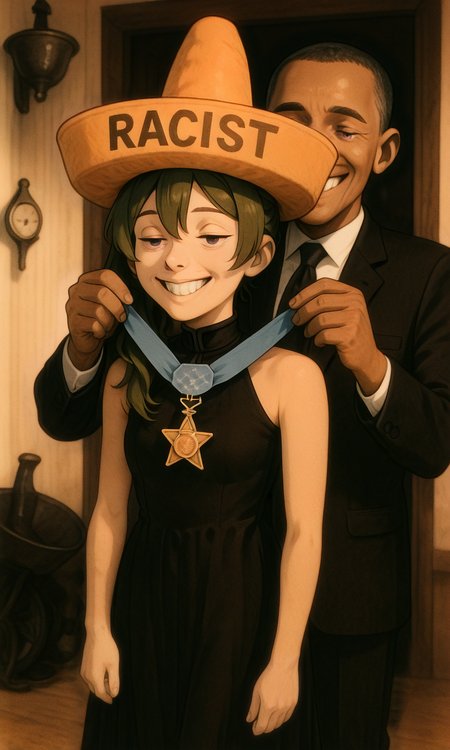embedding:IllusP0s, lo-fi digital illustration, sepia, racist sombrero, receiving medal of honor from half-white president, 1boy, dark-skinned male, 1girl, ubel_\(sousou_no_frieren\), green hair, purple eyes, grin, half-closed eyes, sleeveless dress, yellow text,<lora:receiving medal of honor from half-white president, 1boy, dark-skinned male_illustrious.safetensors:1.0:1.0> <lora:racist sombrero_illustrious.safetensors:1:1> <lora:lo-fi digital illustration_sepia_illustrious.safetensors:1:1>