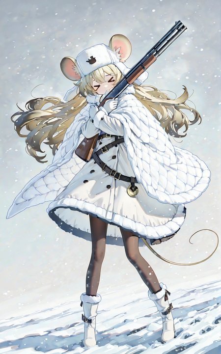 1girl,solo,petite,blonde hair,mouse girl,mouse tail,golden mouse ears,long hair,white_ushanka,Oversized Hood  with fluffy edges,
Long White winter coat  with fur edges,(white Fur Trim:1.2),white snow shawl with fur edges,warm_pantyhose,Waist Belt,Layered Design,white_boots,gloves,
cinematic_angle,Volumetric Lighting,(sick:1.3),> <,standing,(hugging shotgun against chest With Both Hands:1.5),(wind:1.2),(snowstorm:1.2),best quality,masterpiece,absurdres,wallpaper,(ningen mame:0.9),,<lora:rafaelaaa:0.8>,,,