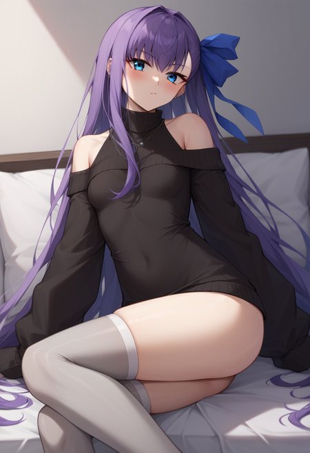 score_9,score_8_up,score_7_up,<lora:fate_extra_all:1>,1girl, character: meltryllis_(fate), solo, looking_at_viewer, blush, blue_eyes, long_hair, purple_hair, very_long_hair, hair_ribbon, small_breasts, breasts, thighs, black_sweater, clothing_cutout, grey_thighhighs, sweater, thighhighs, blue_ribbon, long_sleeves, ribbon, shoulder_cutout, absurdres, highres, contemporary