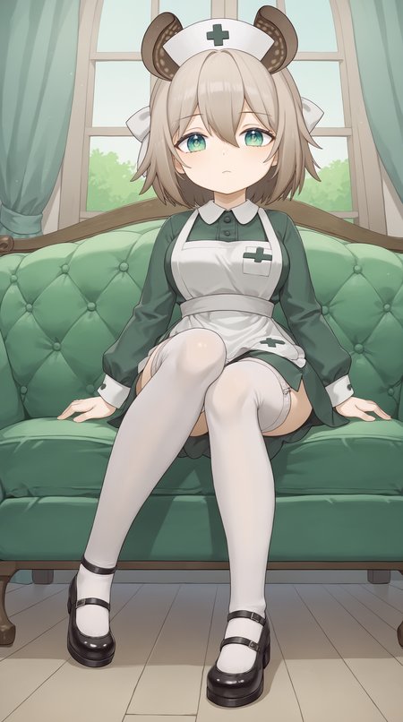 score_9, score_8_up, score_7_up,anime_source, source_anime, indoors,  best background, detailed background, anime screencap, 4k, upscale,  1girl,Nimi_Nightmare, long eyelashes, looking at viewer, green eyes, nurse cap, green dress, long sleeves, hair between eyes, black footwear, brown hair, white apron, animal ears, white thighhighs, hair bow, full body, sitting on couch, legs open, inner thigh, low view, long legs, legs stretched out, legs straight,  <lora:Nimi_Nightmare_PONY:0.8>