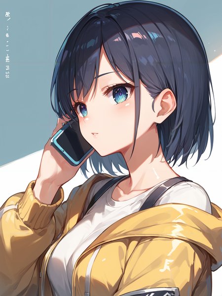 score_9, score_8_up, score_7_up,source_anime, high res image,masterpiece,best quality,(girl:1.0),cute face,clear skin,shiny hair,ultra detailed eyes,simple background, <lora: talking on phone_pony_V1.0:1> talking on phone, smartphone