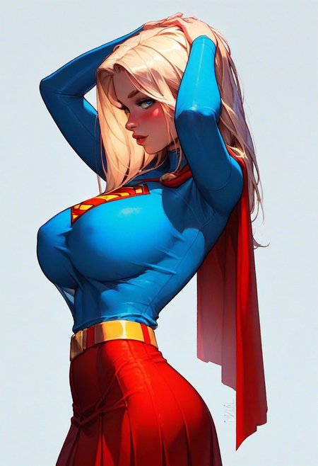 score_9, score_8_up, score_7_up, score_6_up, 1girl, solo, supergirl, very long blond hair, superman logo,blue shirt, long red cape, yellow belt, red skirt, perfect face, perfect eyes, sexy, perfect body, hourglass figure, standing, huge breasts, , no bra, covered breasts,  seductive look, back arched, her hands on head, chest out, perfect hands, blushing, super cute, close up, dynamic angle