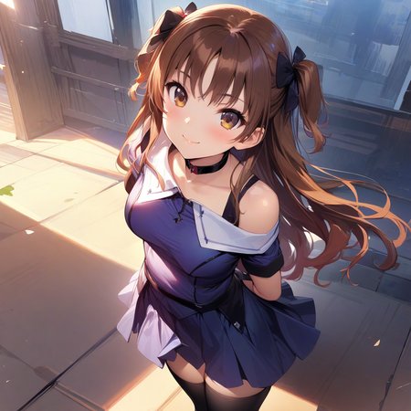 (masterpiece),(best quality),(ultra-detailed),(best illustration),(best shadow),(absurdres),(detailed background),(very aesthetic), rina_ogata,1girl, solo, brown hair, thighhighs, brown eyes, long hair, two side up, black thighhighs, skirt, bare shoulders, zettai ryouiki, gloves, smile, hands behind back, <lora:XL-RinaOgata:1>