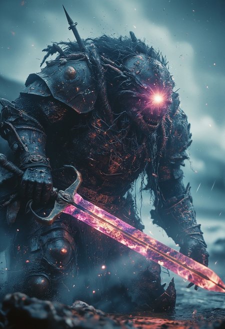 Upper body shot of a dark, menacing mechanical knight engaged in a bosstyle boss battle, captured with the gritty realism of an old analog camera. The knight’s battle-worn, intricately designed helmet reflects the eerie glow of his weapon—a massive, twisted sword. The blade crackles with dark energy, gathering ominously at its tip, where a glowing orb of dark purple and translucent amber light pulses with immense, destructive power. The energy radiates along the blade, casting a sinister glow that illuminates the knight’s helmet and armor, creating stark contrasts between light and deep shadows. Standing strong against a translucent Crystal dark-blueish Boss Made of waves Resembling an wide Fury ghostly Wave water monster, 
 The chaotic battlefield around them is set amidst large crystal-blue waves crashing with explosive force, intensifying the dramatic clash between the knight and his adversaries.