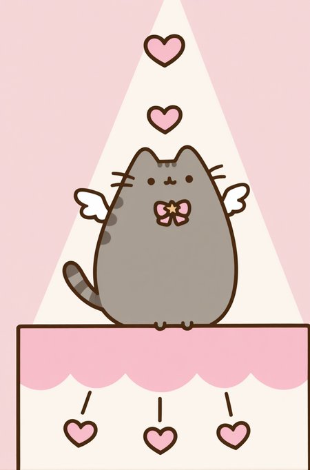 masterpiece, best quality,very aesthetic, Cupid outfit, tiny wings, bow and arrow, floating hearts, magical atmosphere, soft lighting, Pusheen <lora:PusheenIXL:1>