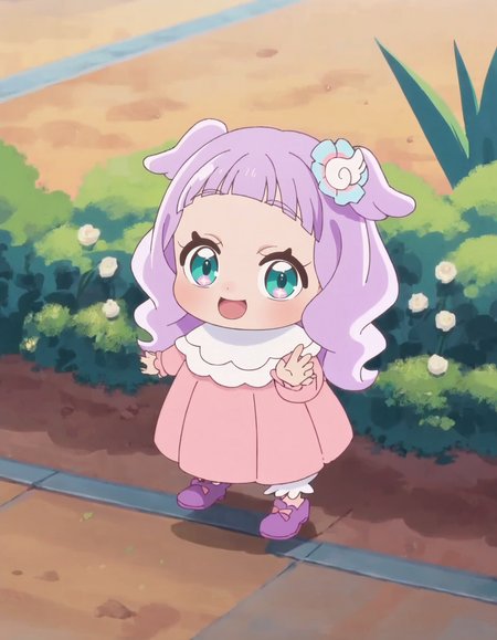 score_9, score_8_up, score_7_up, anime screencap, solo,1girl,ellee-chan,  smile, dress, open mouth, pink dress, looking at viewer, full body, :d, hair ornament, shoes, long sleeves, purple footwear, standing<lora:ellee-chan:0.8>