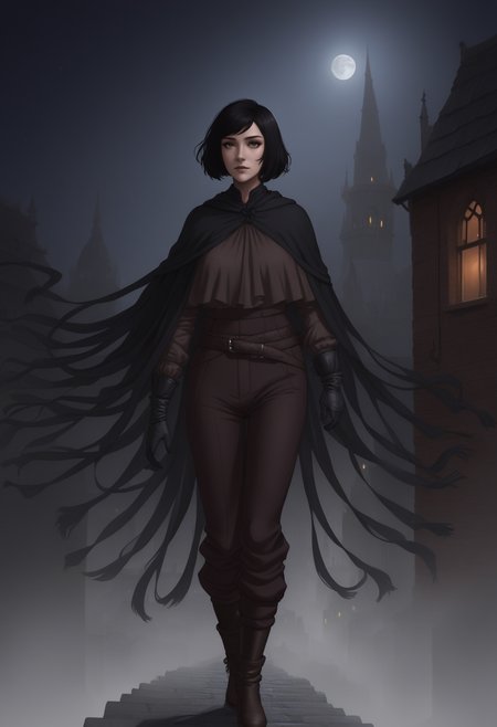 vin, 1girl, black bob haircut, brown eyes, tasselled black cloak, shirt, pants, boots, gloves, city, night, mist, fantasy, <lora:Vin_sdxl:0.6>