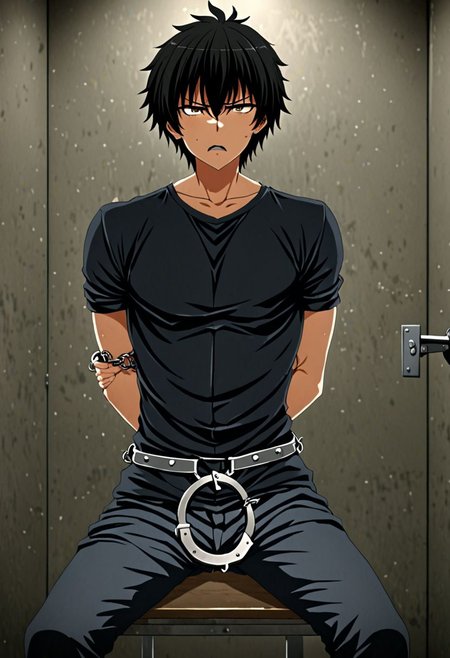high resolution, solo, best quality, 1Boy, Seiya Kanie, black hair, short hair, thin, arrested, restrained, struggling, handcuffs, interrogated, interrogation room, OverallDetail
