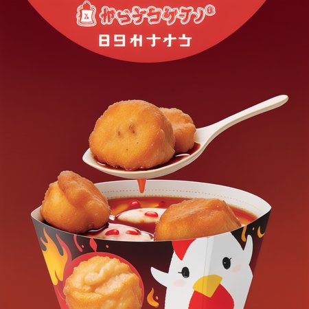 A photorealistic image of a spicy hot pot brimming with chicken nuggets. The broth should be rich and red, indicating its spicy nature, with visible chili peppers and Sichuan peppercorns. The chicken nuggets should be fully submerged, absorbing the flavors of the broth. Steam should be rising from the hot pot, and the surrounding environment should suggest a traditional or modern hot pot restaurant setting. The lighting should emphasize the vibrant colors of the broth and the texture of the chicken nuggets, making the dish look inviting and mouth-watering, <lora:lawsonkara:0.75>,inkara