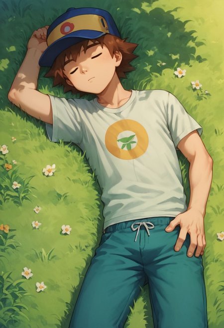 score_9, score_8_up, score_7_up, source_anime, highly detailed, 1boy, solo, male_focus, anime style,
richie_poke, pants, t-shirt, brown hair, hat, 
grass, lying on grass, on one side, closed eyes, sleeping, peacefully, curled up.