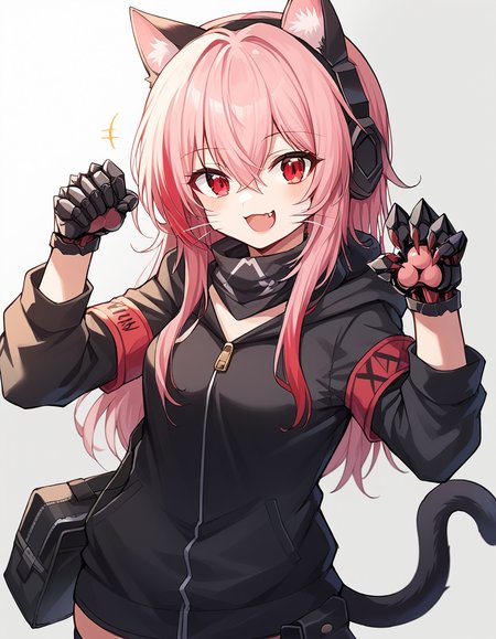 score_9, score_8_up, score_7_up, source_anime, <lora:girlsfrontline-m4-sopmod-ii-ponyxl-lora-nochekaiser:1>, m4 sopmod ii, hair between eyes, red eyes, pink hair, streaked hair, red hair, sidelocks, long hair, multicolored hair, two-tone hair,, armband, black gloves, black jacket, black scarf, black thighhighs, gloves, hair ornament, headgear, headphones, holster, hood, hooded jacket, jacket, mechanical hands, red armband, scarf, thighhighs, track jacket,, izakaya, drinks, food, stools, social, smile, <lora:paw-pose-ponyxl-lora-nochekaiser:1>, paw pose, cat ears, cat tail, animal ears, tail, cat girl, open mouth, fang, whiskers,, looking at viewer, solo,, dutch angle, cowboy shot