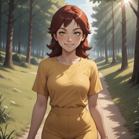 score_9, score_8, BREAK, solo, wii, mii, wii sports, 1girl, female mii, dark yellow eyes, dark red hair, blush, brown eyebrows, yellow clothing, white pants, shoes, nintendo mii, modern_mii, classic_mii, breasts, Emily_(Wii_Sports), cute, sexy pose, self portrait, smile, outdoors, sunlight, shadows, evening lighting, natural lighting, forest, trees, grass, orange sky, sunset