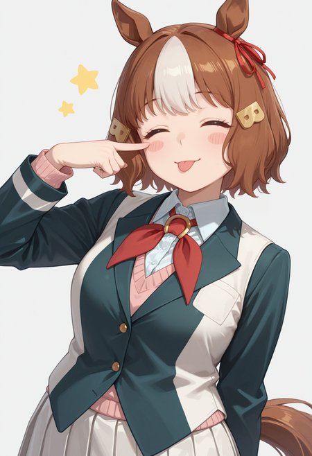 masterpiece, best quality, amazing quality, very awa,absurdres,newest,very aesthetic, 
 tongue out, star (symbol), closed eyes, white background,  blush stickers, , :p, eyelid pull, , upper body,
  <lora:Berno illu:1> 1girl, brown hair, white hair, multicolored hair, short hair, animal ears, horse girl, horse tail brown eyes, hair ornament, white shirt, collared shirt, long sleeves, jacket, vest, white skirt, pleated skirt,