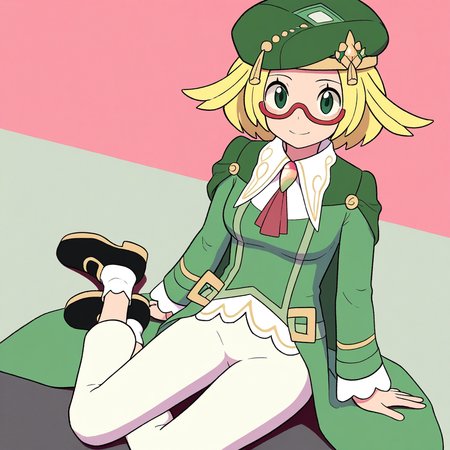 2d, masterpiece, best quality, amazing quality, highres, absurdres, newest, 1girl, solo, sitting, yokozuwari, from above, dutch angle, looking at viewer, multicolored background, simple background, colorful background, medium breasts, ncbianca, def colors, short hair, blonde hair, green_eyes, shoes, glasses, bobby socks, white socks, white pants, black footwear, green coat, red ascot, green_headwear, beret, semi-rimless_eyewear, red-framed eyewear, green cape, two-sided coat, collared shirt, white shirt, red gemstone, green gemstone, long sleeves