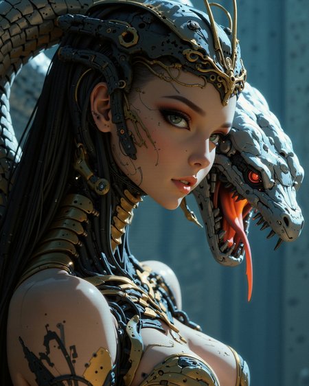 digital art, portraying a beautiful woman of legendary power and royal design, a cybernetic empress inspired by Cleopatra, radiating seductive elegance and synthetic perfection. Her form is a seamless blend of polished bronze and black chrome, soft matte ceramic plating sculpted into the curves of her cheek, collarbone, and neck. Thin lines of gold-circuit etching trace her face and shoulders like ancient ritual markings, glowing softly with internal energy. Her obsidian eyes—liquid and unreadable—lock onto the viewer with mechanical precision and human depth.
Her side profile is breathtaking—part flesh, part divine machine. The iconic nemes headdress is reimagined in gilded alloys, its fabric segments replaced by flexible, textured nanometal layers that ripple with light. The sacred uraeus cobra crown is fused into her forehead, its mechanical fangs poised forward, eyes glowing like twin suns.
Coiled around her in an intimate embrace is a massive python—also a biomechanical construct. Its coils wrap protectively around her torso and arms, silver-plated scales interlocking like armor plating. The snake’s head is positioned close—its mouth wide open in a dramatic, signature strike pose. Fangs like surgical blades gleam under ambient light, its tongue a segmented filament flicking outward. Hydraulic tension is visible in its open jaw and serpentine neck.
Despite the danger, there is affection in the composition—a strange tenderness between apex predator and empress. Their bodies touch without conflict; they are bonded, symbiotic, divine.
Focus on the hyperreal textures of biomechanical integration—skin to alloy, scale to plating. Lighting should come from embedded systems within the bodies and cool ambient glows, casting soft reflections on titanium and gold surfaces. The gaze of both beings pierces the viewer, a blend of post-human seduction and silent warning.
Mood: mythic futurism, divine symbiosis, elegance fused with destruction.
Style Reference: inspired by H.R. Giger’s biomechanical elegance, high-fashion robotics, and cyber-pharaoh symbolism. Think Blade Runner meets ancient Egypt in deep space.
Composition: intimate portrait close-up, cool-toned lighting, soft shadows, detailed focus on Cleopatra’s side profile and the python’s fearsome open mouth near her face.