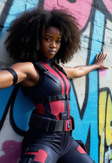 eye level, headshot,dark skinned woman,upper body shot, a female character from the deadpool franchise,  muscular,, sleeveless black tactical suit, dynamic pose, dark skin, , frizzy hair, Behind her, sprawling graffiti covers the walls. The setting captures a modern superhero aesthetic with vibrant colors, intricate patterns, and detailed textures. Professional portrait photography with sharp focus and dramatic urban lighting, emphasizing rich colors and textural details.Canon EOS 5D mark IV, outdoors,urban landscape, dutch angle, shot on Canon EOS 5D mark IV,ImgFixerPre0.3