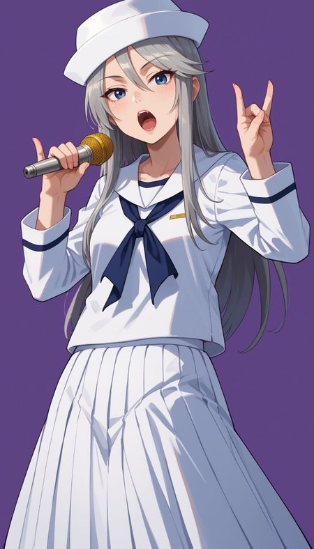score_9, score_8_up, score_7_up, source_anime,
 <lora:GUPFlint:1> GUPFlint, 1girl, grey hair, military hat, looking at viewer, pleated skirt, long hair, holding microphone, white shirt, dixie cup hat, white headwear, purple background, open mouth, long sleeves, blue neckerchief, standing, sailor collar, simple background, white skirt, school uniform, blouse, fox shadow puppet, blue eyes, pinky out, \n/, long skirt, singing, cowboy shot, music