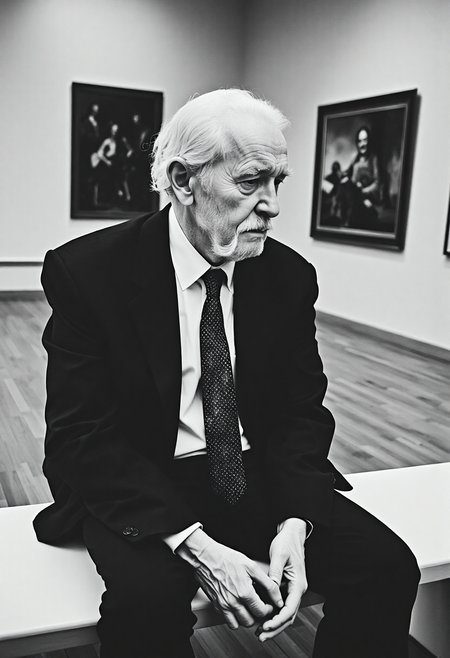 Professional black-and-white photoshoot of an older man seated on a white bench, leaning slightly forward with his arms resting on his knees. He is dressed in a dark suit with a white dress shirt and a dark tie, and he appears to be looking down thoughtfully. The man has a wrinkled face and white hair, adding a sense of age and reflection to his demeanor.Background is an empty museum.