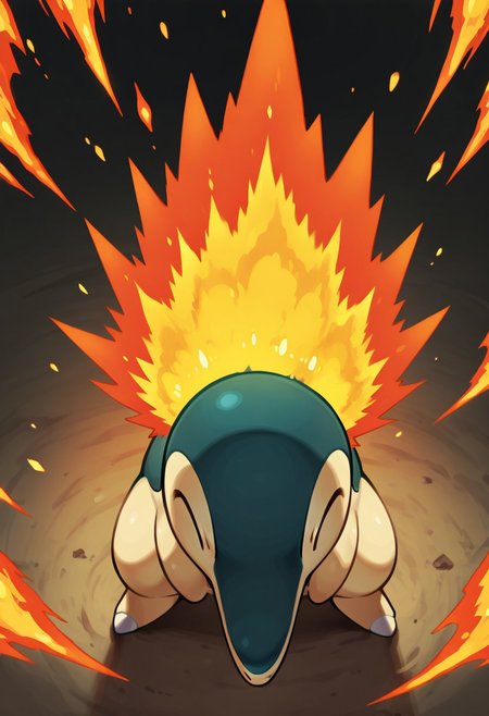 masterpiece, best quality, no humans, solo,    zzCyndaquil, standing firm in a moonlit clearing, back flames erupting in a fiery burst as it braces for a charge.      ,<lora:CyndaquilPokedex_IXL:1.0>,