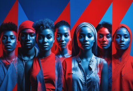 a picture of a Group of people, in the style of vibrant collage, color photography, spray painted, exotic, light indigo and red, close-up, studio photography, negative colors, split tones